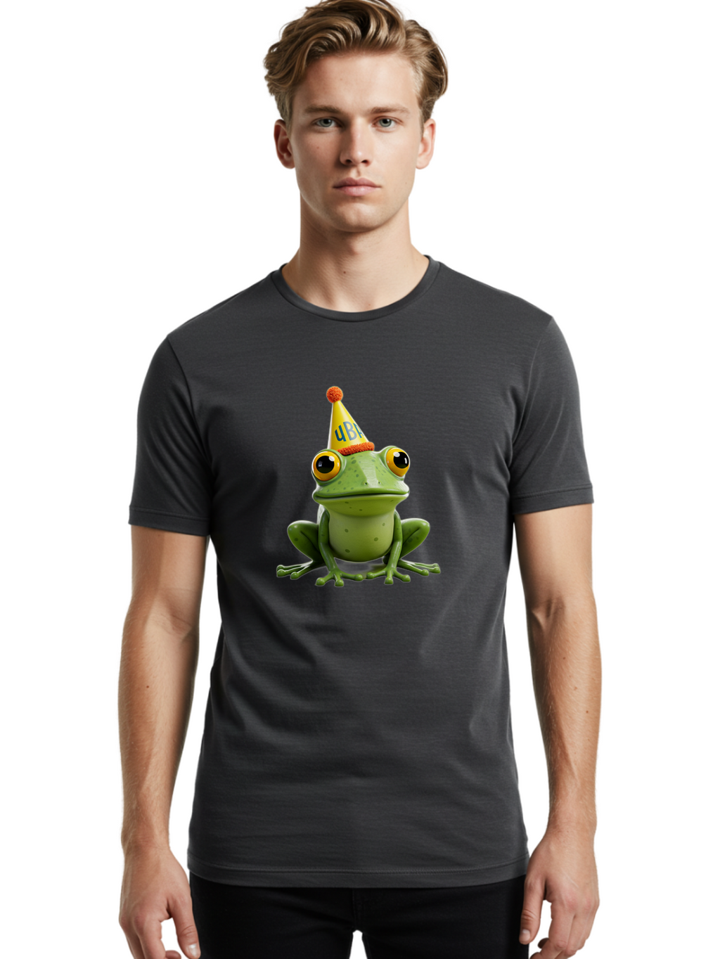 Ube-Frog Men'S Graphic Tee, 100% Cotton, Comfortable Casual Summer Wear, Machine Washable, Cartoon Frog, Party Hat, Funny Animal, Quirky Character, Amusement, Comical Illustration, Festive Vibe, Humor, Meme Inspiration, Entertaining Graphic Bac530