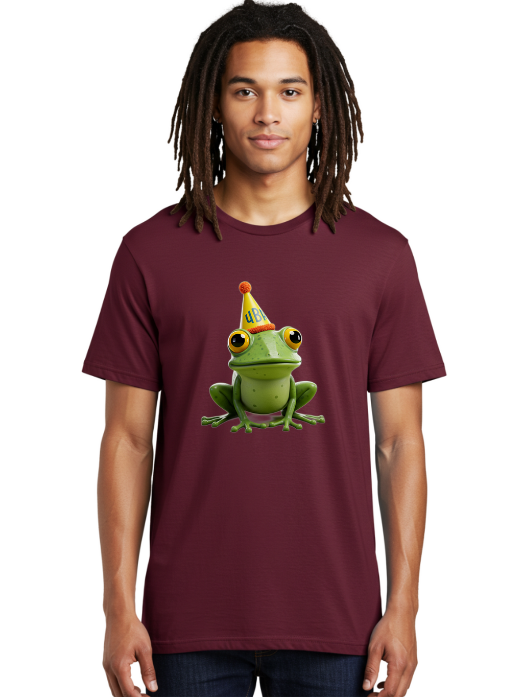Ube-Frog Men'S Graphic Tee, 100% Cotton, Comfortable Casual Summer Wear, Machine Washable, Cartoon Frog, Party Hat, Funny Animal, Quirky Character, Amusement, Comical Illustration, Festive Vibe, Humor, Meme Inspiration, Entertaining Graphic Bac530