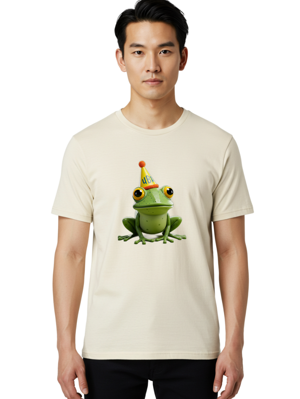 Ube-Frog Men'S Graphic Tee, 100% Cotton, Comfortable Casual Summer Wear, Machine Washable, Cartoon Frog, Party Hat, Funny Animal, Quirky Character, Amusement, Comical Illustration, Festive Vibe, Humor, Meme Inspiration, Entertaining Graphic Bac530