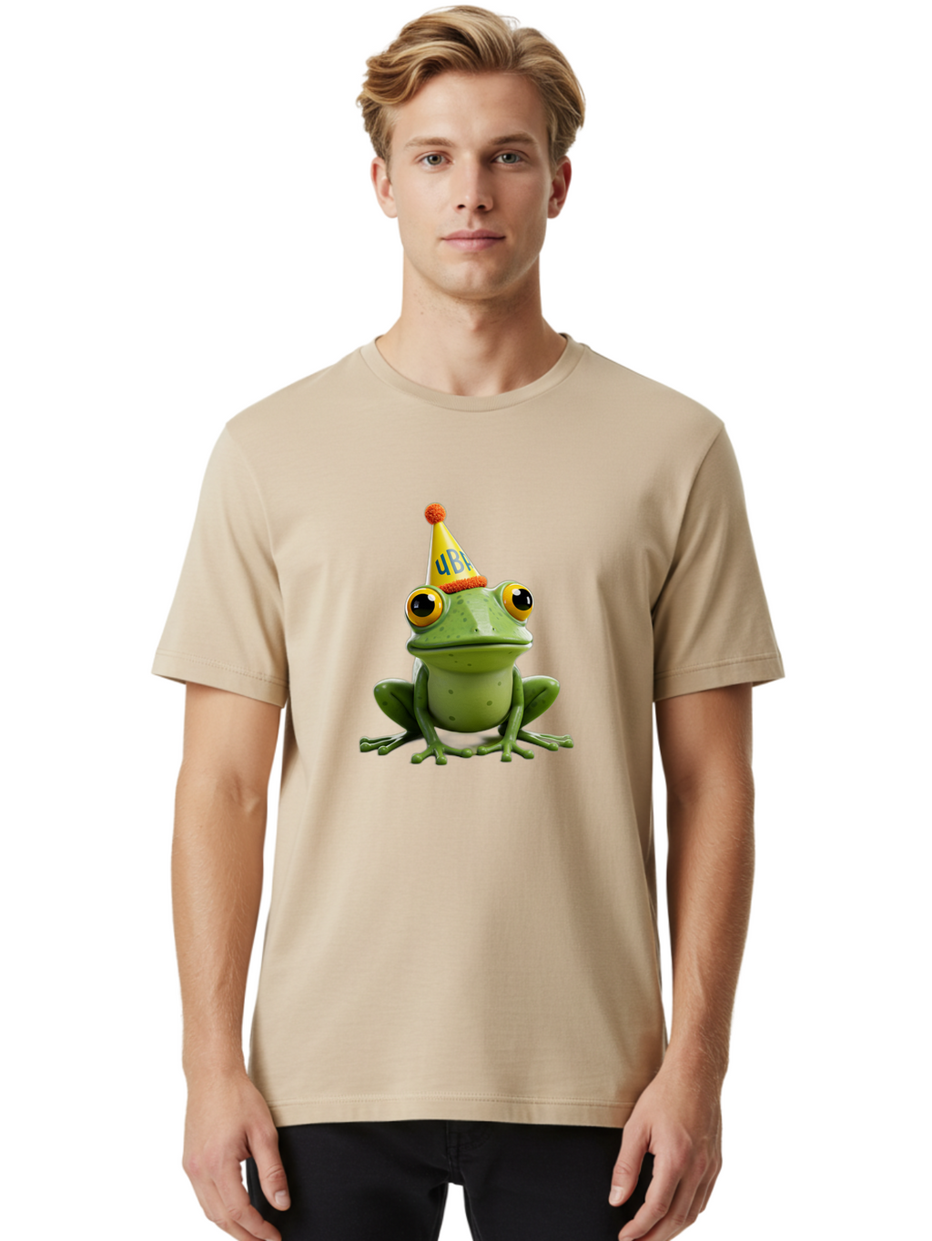 Ube-Frog Men'S Graphic Tee, 100% Cotton, Comfortable Casual Summer Wear, Machine Washable, Cartoon Frog, Party Hat, Funny Animal, Quirky Character, Amusement, Comical Illustration, Festive Vibe, Humor, Meme Inspiration, Entertaining Graphic Bac530