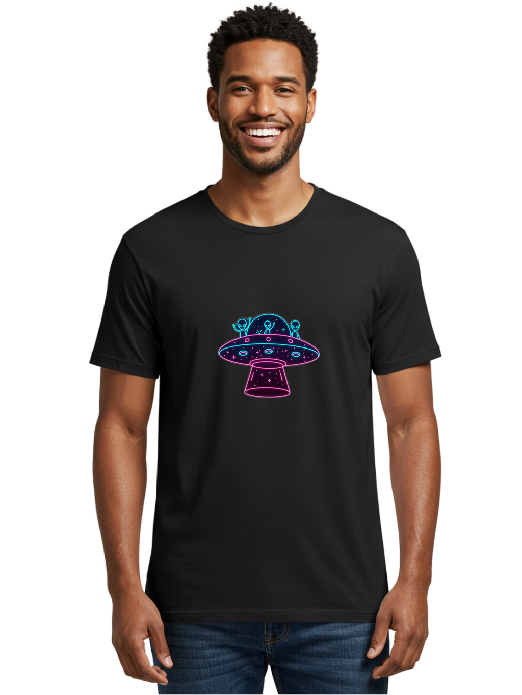 Ufo-Alien-Spaceship Men'S Graphic Tee, 100% Cotton, Comfortable Casual Summer Wear, Machine Washable, Alien Spaceship, Extraterrestrial Life, Futuristic Design, Neon Lights, Cosmic Travel, Stars, Universe Exploration, Mystic Ambiance, Bac531