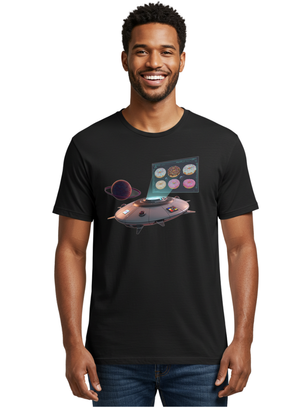 Ufo-Donuts Men'S Graphic Tee, 100% Cotton, Comfortable Casual Summer Wear, Machine Washable, Ufo Spaceship, Donut Menu, Assorted Donuts, Digital Display, Planet, Rings, Futuristic, Outer Space, Sci-Fi, Donuts With Sprinkles, Chocolate Frosting Bac532