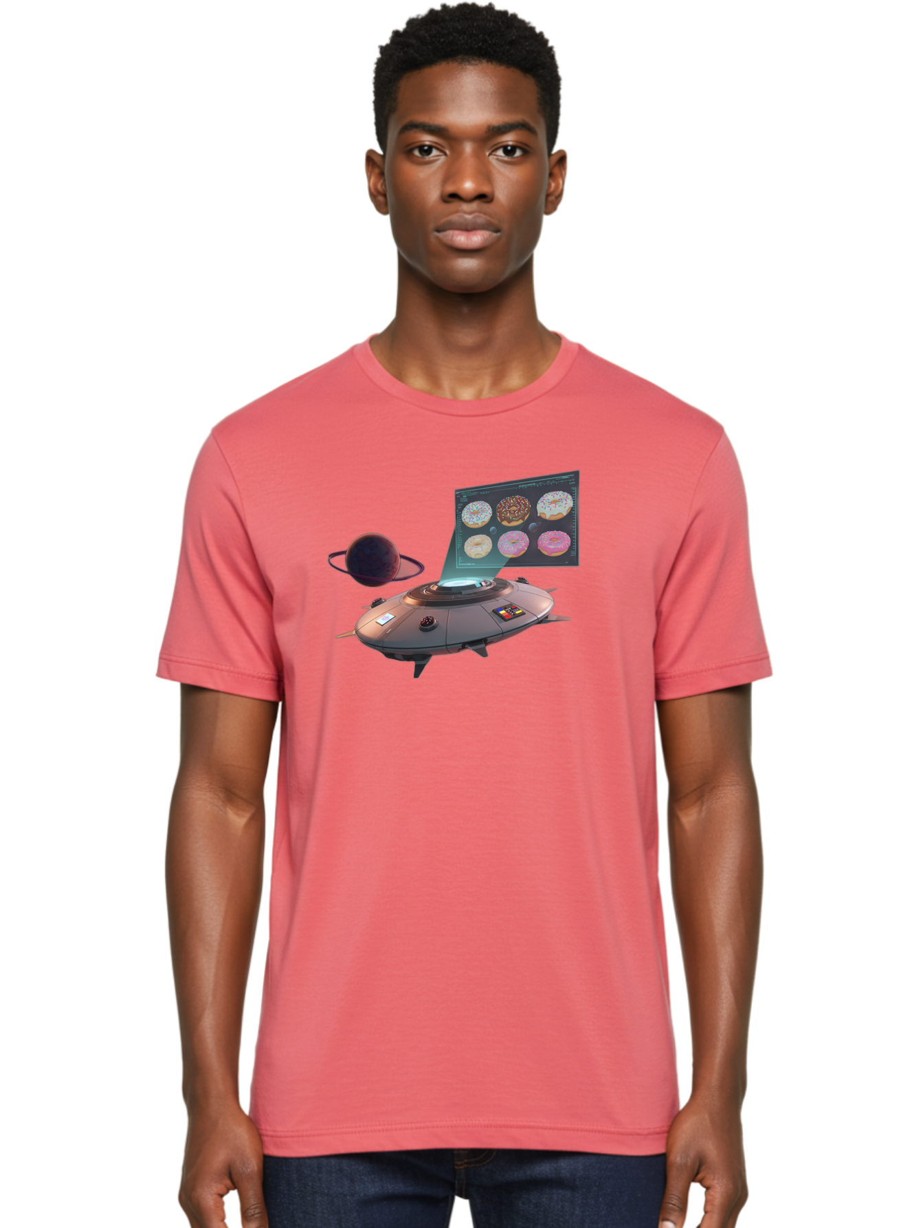 Ufo-Donuts Men'S Graphic Tee, 100% Cotton, Comfortable Casual Summer Wear, Machine Washable, Ufo Spaceship, Donut Menu, Assorted Donuts, Digital Display, Planet, Rings, Futuristic, Outer Space, Sci-Fi, Donuts With Sprinkles, Chocolate Frosting Bac532