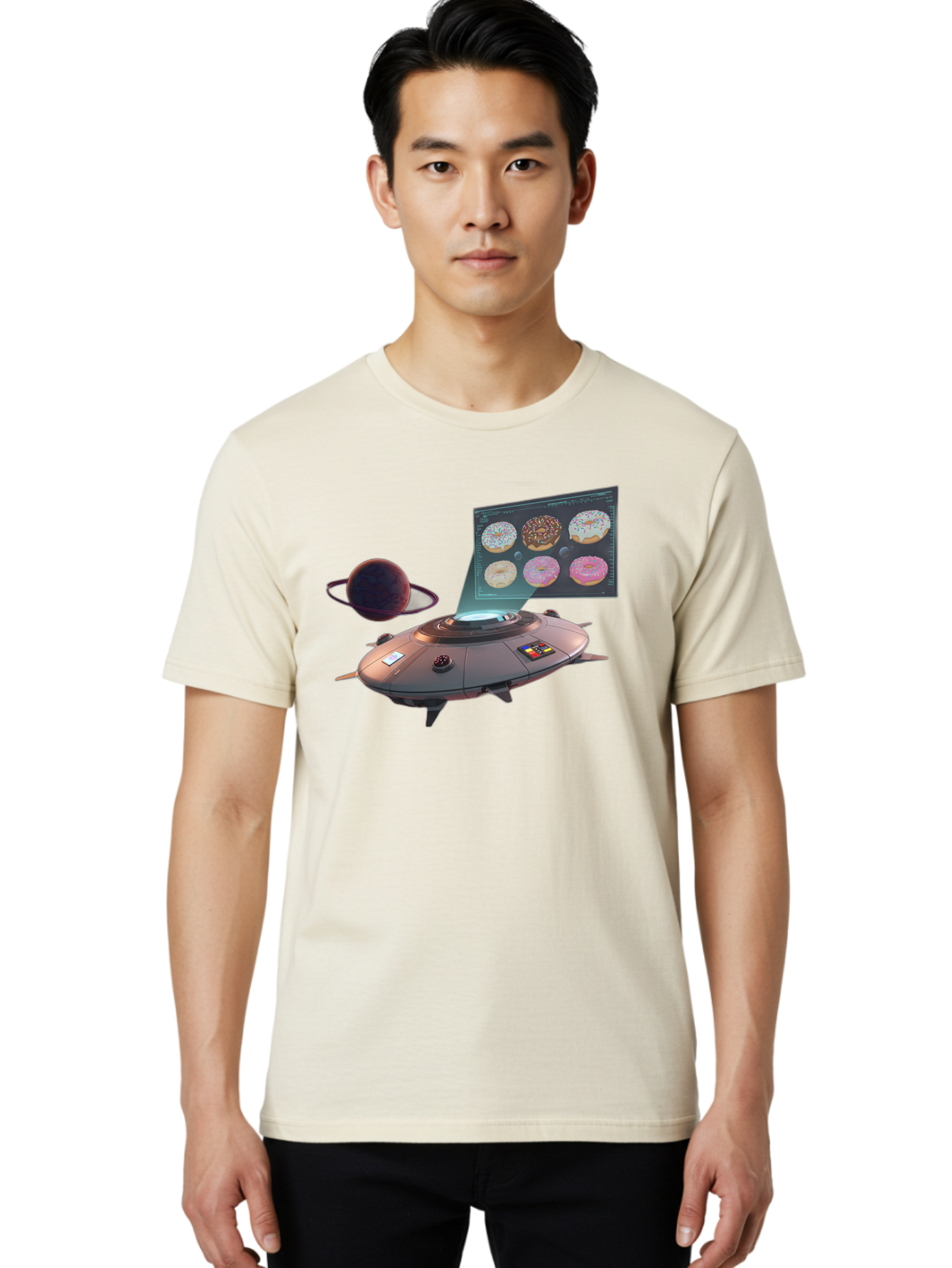 Ufo-Donuts Men'S Graphic Tee, 100% Cotton, Comfortable Casual Summer Wear, Machine Washable, Ufo Spaceship, Donut Menu, Assorted Donuts, Digital Display, Planet, Rings, Futuristic, Outer Space, Sci-Fi, Donuts With Sprinkles, Chocolate Frosting Bac532