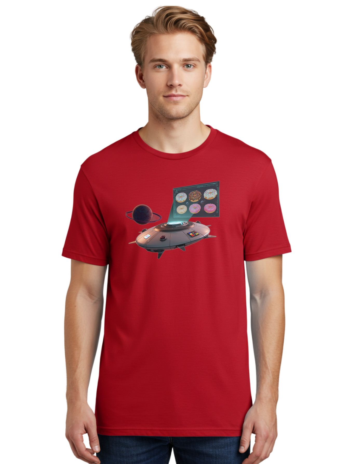 Ufo-Donuts Men'S Graphic Tee, 100% Cotton, Comfortable Casual Summer Wear, Machine Washable, Ufo Spaceship, Donut Menu, Assorted Donuts, Digital Display, Planet, Rings, Futuristic, Outer Space, Sci-Fi, Donuts With Sprinkles, Chocolate Frosting Bac532