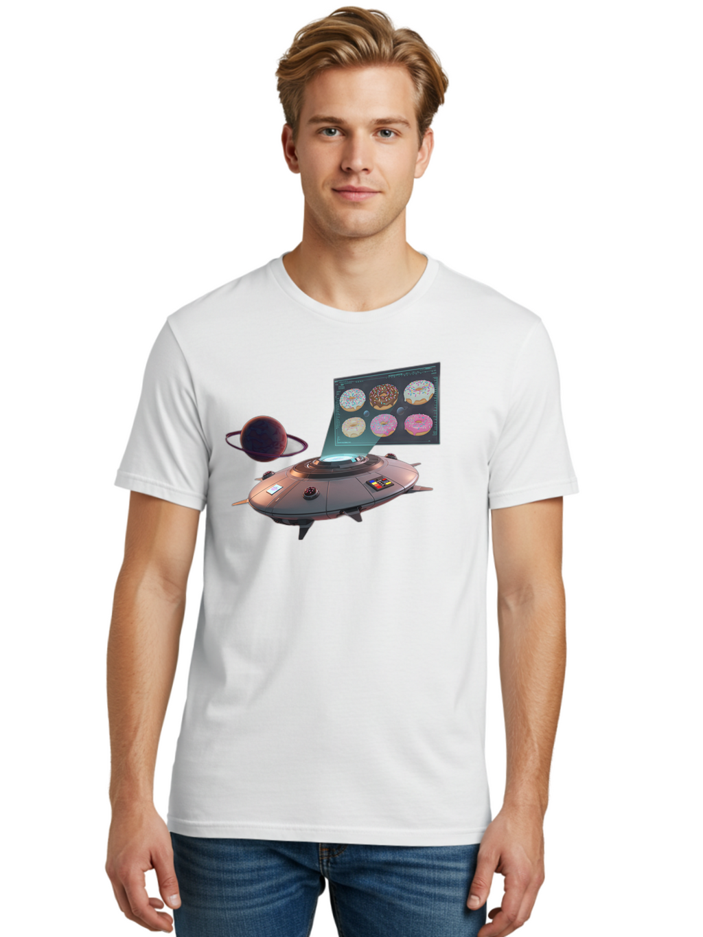 Ufo-Donuts Men'S Graphic Tee, 100% Cotton, Comfortable Casual Summer Wear, Machine Washable, Ufo Spaceship, Donut Menu, Assorted Donuts, Digital Display, Planet, Rings, Futuristic, Outer Space, Sci-Fi, Donuts With Sprinkles, Chocolate Frosting Bac532