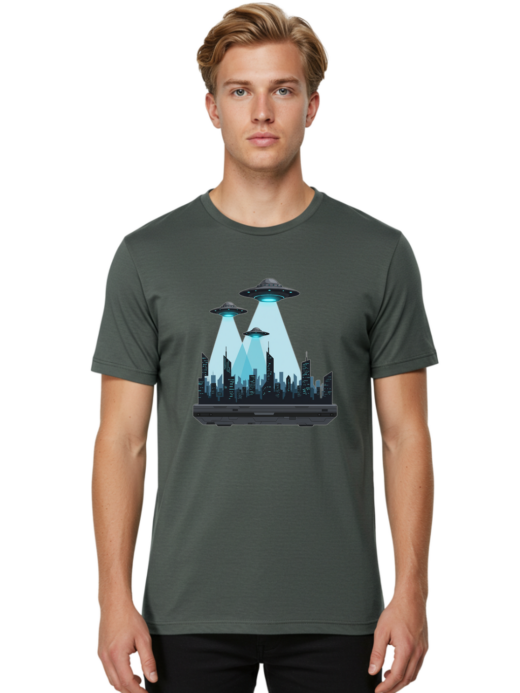 Ufo-Invasion-1 Men'S Graphic Tee, 100% Cotton, Comfortable Casual Summer Wear, Machine Washable, Ufos Over City, Alien Invasion, Science Fiction, Futuristic Cityscape, Extraterrestrial Visitation, Urban Landscape, Mysterious Lights, Bac533