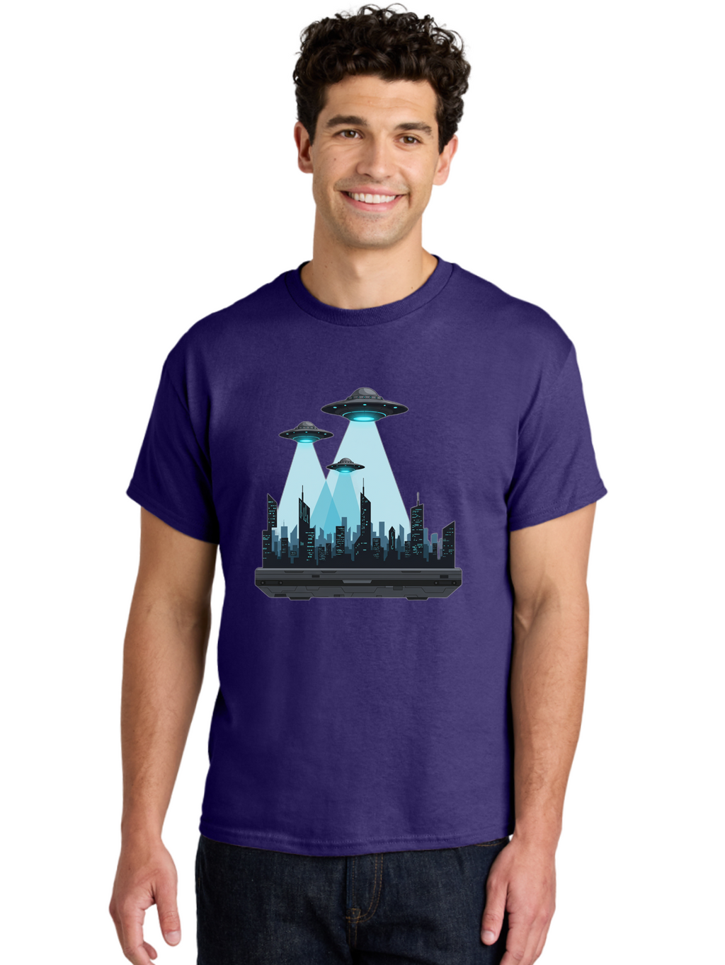 Ufo-Invasion-1 Men'S Graphic Tee, 100% Cotton, Comfortable Casual Summer Wear, Machine Washable, Ufos Over City, Alien Invasion, Science Fiction, Futuristic Cityscape, Extraterrestrial Visitation, Urban Landscape, Mysterious Lights, Bac533
