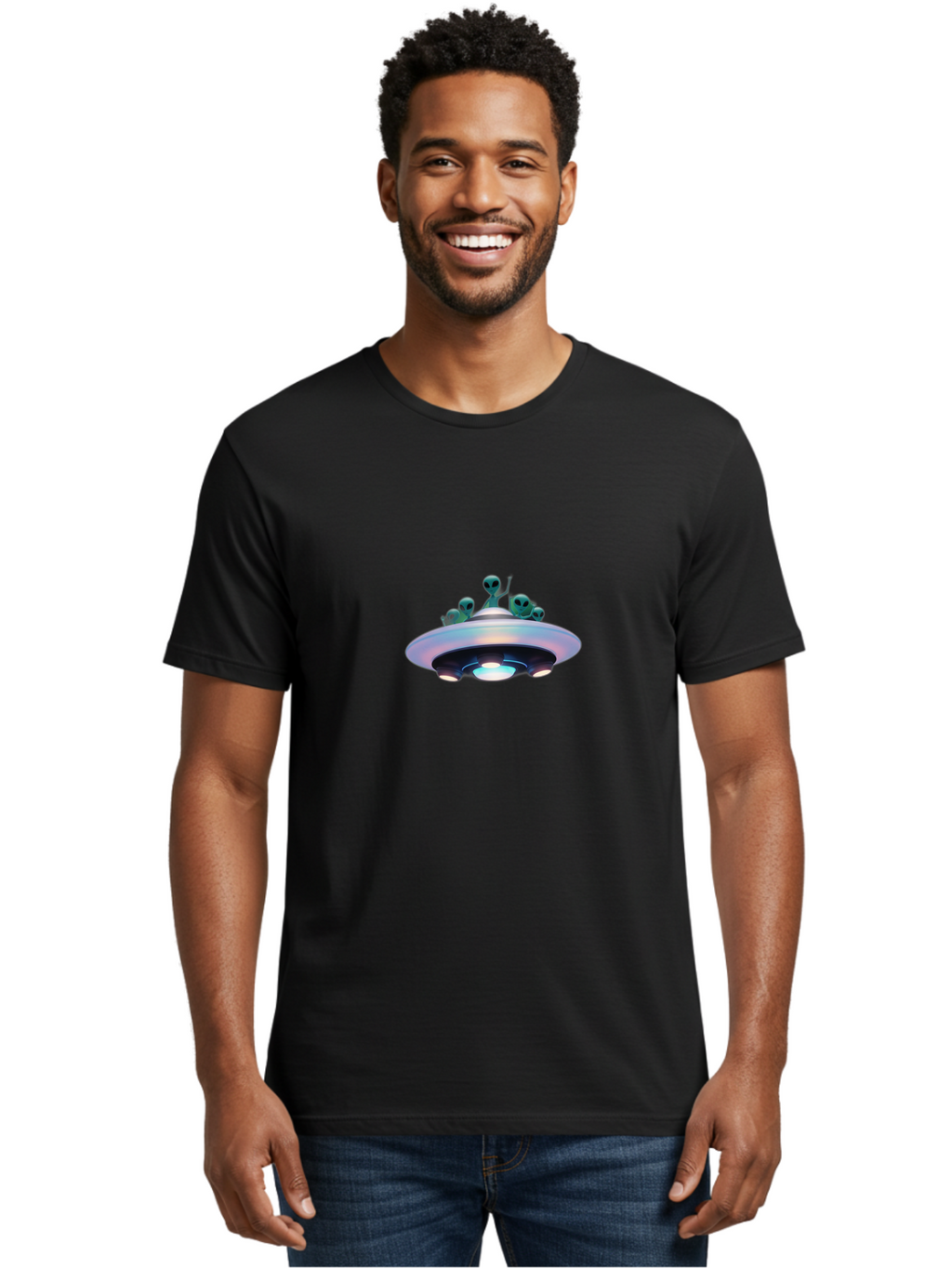 Ufo-With-Aliens-1 Men'S Graphic Tee, 100% Cotton, Comfortable Casual Summer Wear, Machine Washable, Ufo, Aliens, Extraterrestrial, Flying Saucer, Space Invasion, Alien Abduction, Sci-Fi, Futuristic, Otherworldly, Spaceship, Paranormal Activity Bac535