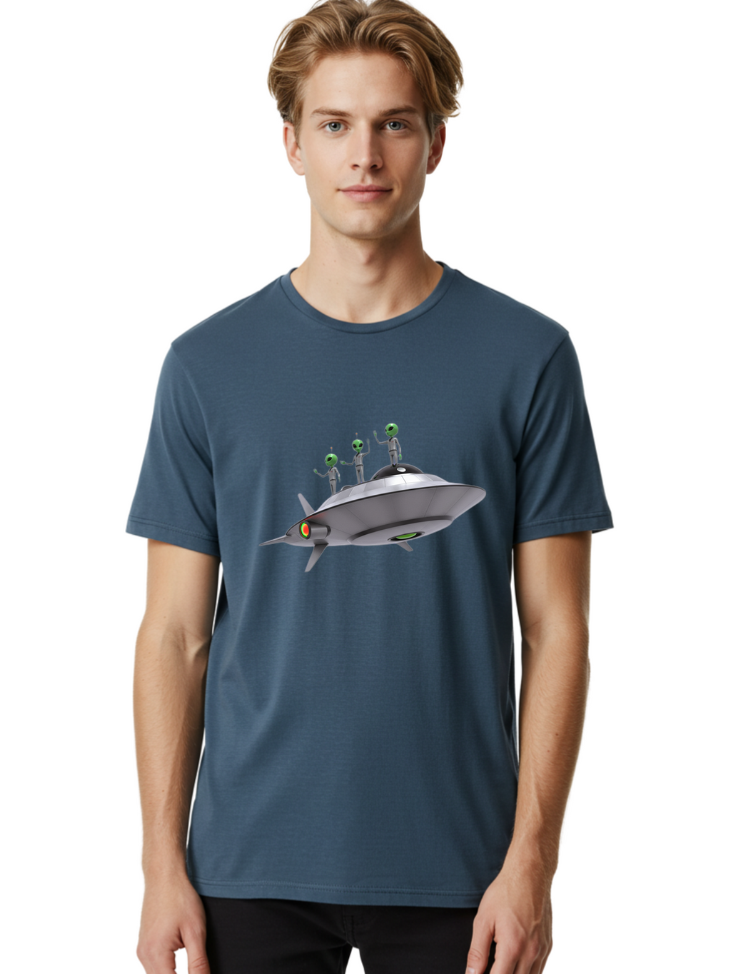 Ufo-With-Aliens Men'S Graphic Tee, 100% Cotton, Comfortable Casual Summer Wear, Machine Washable, Silver Ufo, Gray Aliens, Extraterrestrial Life, Science Fiction, Space Travel, Futuristic Design, Otherworldly Scene, Alien Technology, Bac536