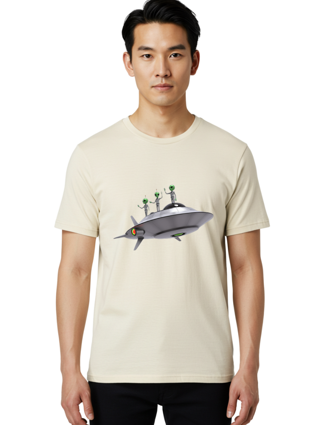 Ufo-With-Aliens Men'S Graphic Tee, 100% Cotton, Comfortable Casual Summer Wear, Machine Washable, Silver Ufo, Gray Aliens, Extraterrestrial Life, Science Fiction, Space Travel, Futuristic Design, Otherworldly Scene, Alien Technology, Bac536