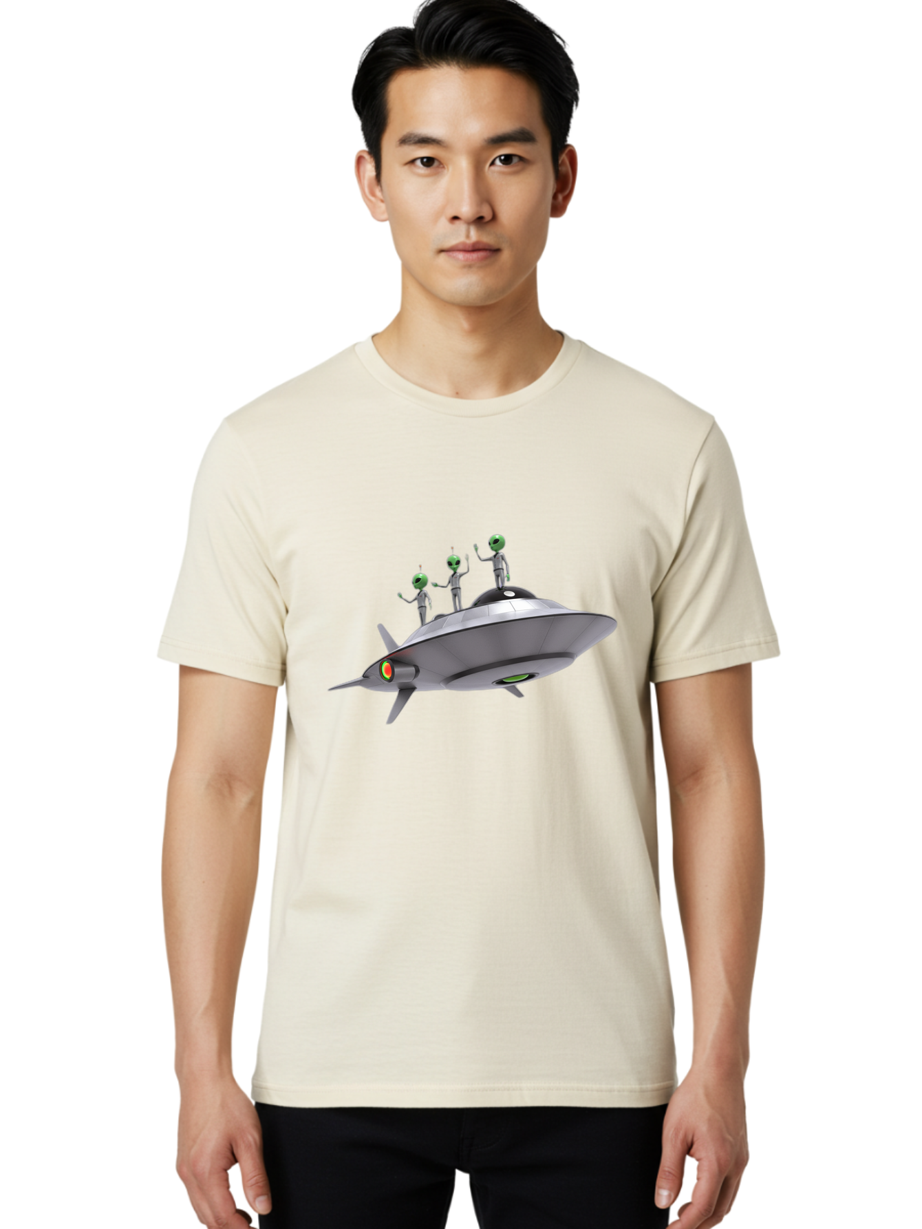 Ufo-With-Aliens Men'S Graphic Tee, 100% Cotton, Comfortable Casual Summer Wear, Machine Washable, Silver Ufo, Gray Aliens, Extraterrestrial Life, Science Fiction, Space Travel, Futuristic Design, Otherworldly Scene, Alien Technology, Bac536