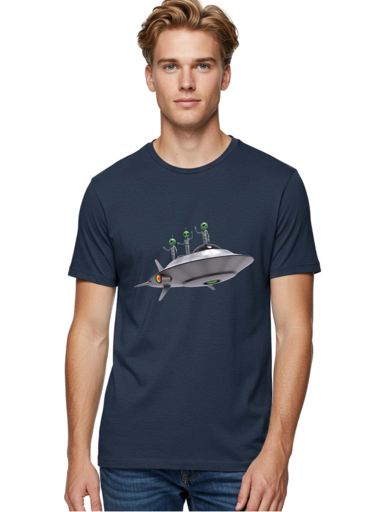 Ufo-With-Aliens Men'S Graphic Tee, 100% Cotton, Comfortable Casual Summer Wear, Machine Washable, Silver Ufo, Gray Aliens, Extraterrestrial Life, Science Fiction, Space Travel, Futuristic Design, Otherworldly Scene, Alien Technology, Bac536
