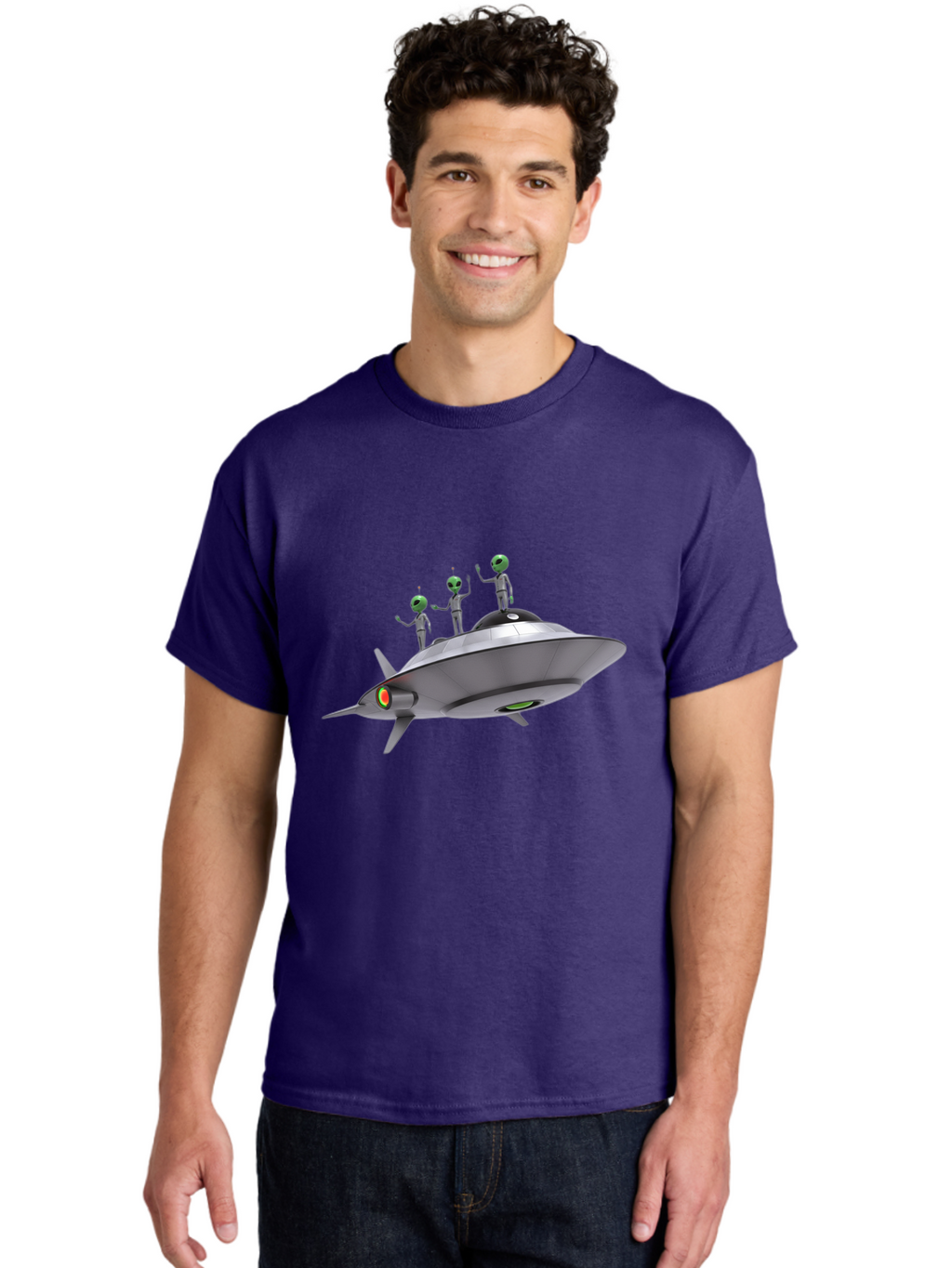 Ufo-With-Aliens Men'S Graphic Tee, 100% Cotton, Comfortable Casual Summer Wear, Machine Washable, Silver Ufo, Gray Aliens, Extraterrestrial Life, Science Fiction, Space Travel, Futuristic Design, Otherworldly Scene, Alien Technology, Bac536