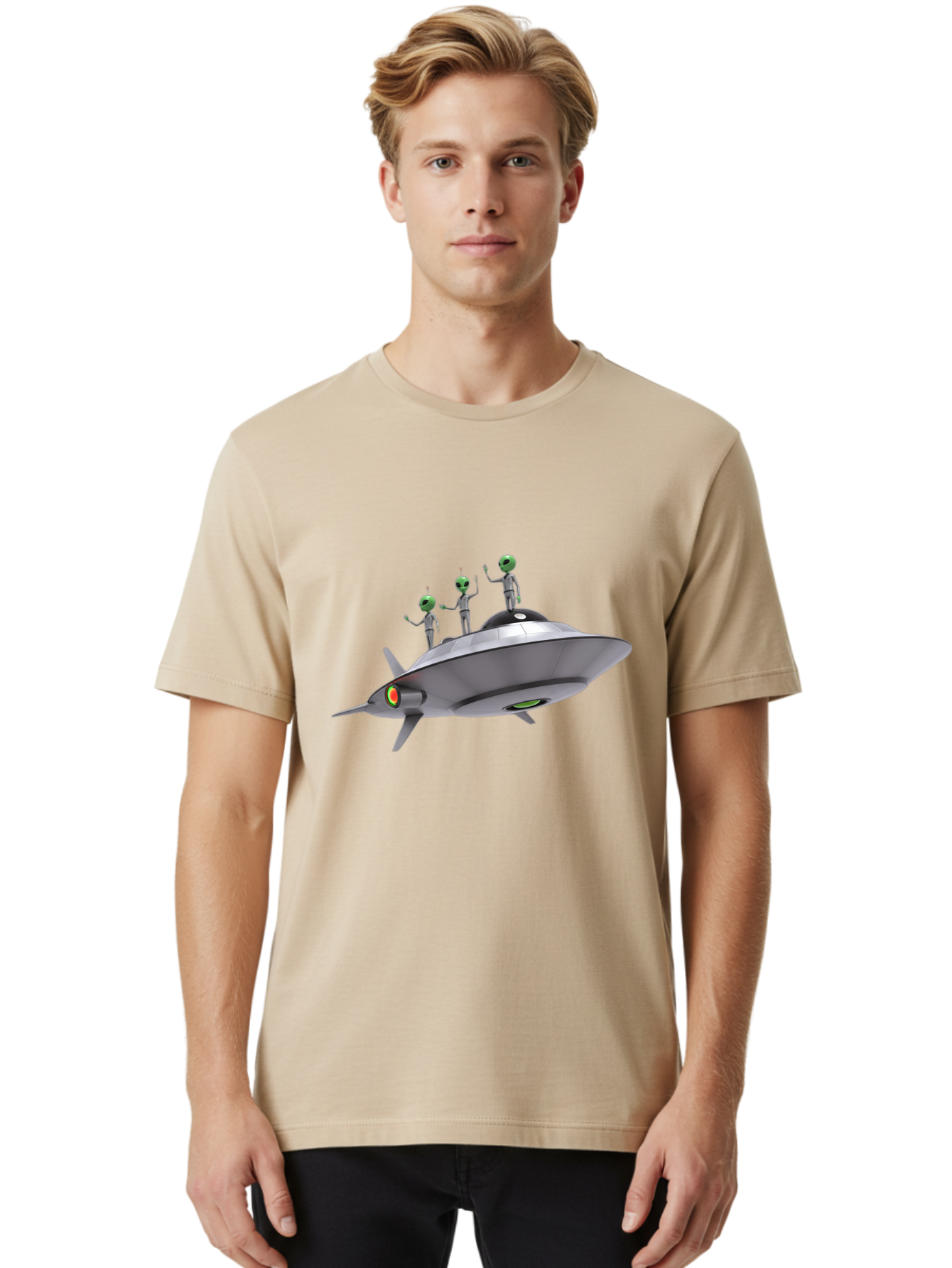 Ufo-With-Aliens Men'S Graphic Tee, 100% Cotton, Comfortable Casual Summer Wear, Machine Washable, Silver Ufo, Gray Aliens, Extraterrestrial Life, Science Fiction, Space Travel, Futuristic Design, Otherworldly Scene, Alien Technology, Bac536