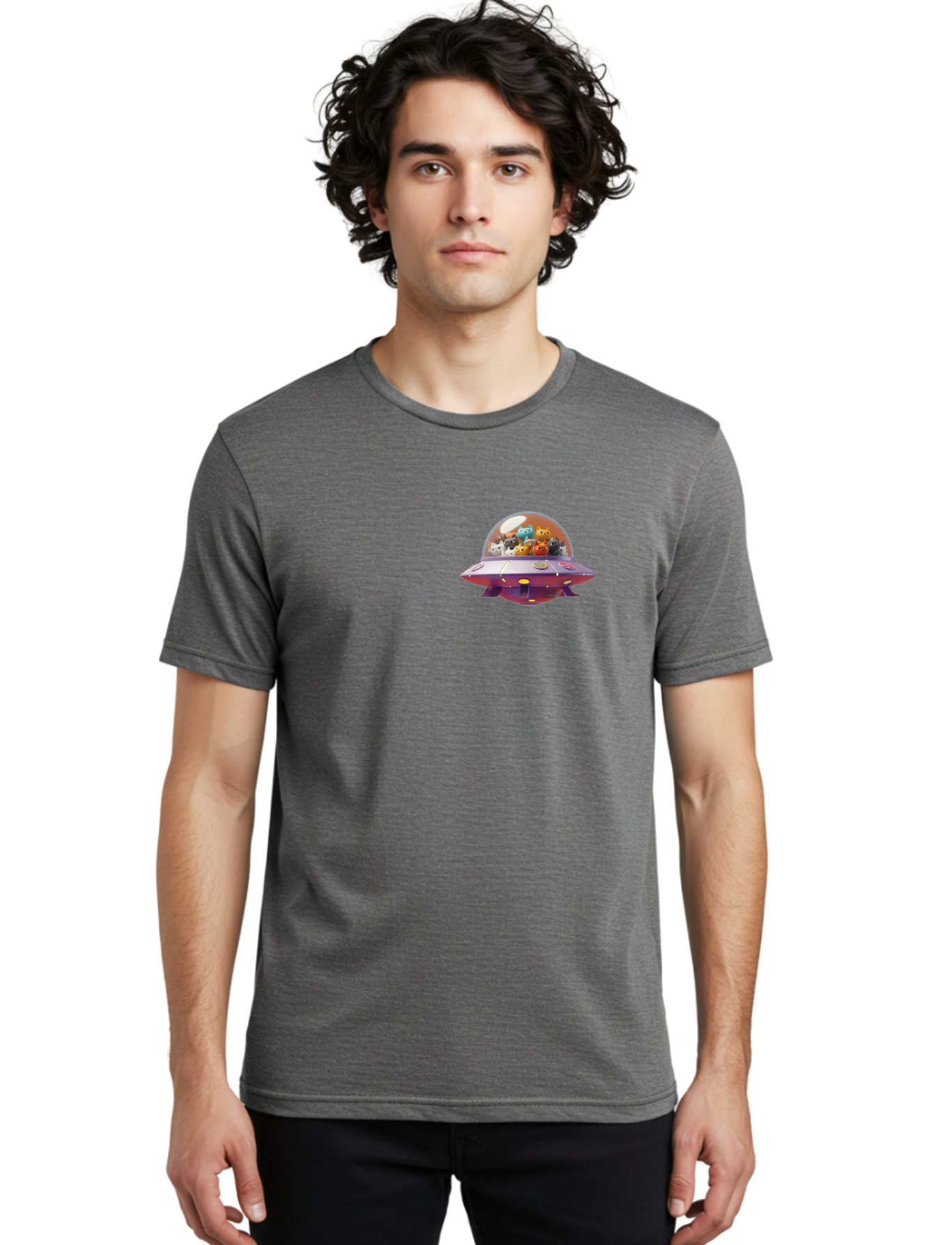 Ufo-With-Cats Men'S Graphic Tee, 100% Cotton, Comfortable Casual Summer Wear, Machine Washable, Ufo, Flying Saucer, Cartoon Style, Teddy Bears, Soft Toys, Purple Spaceship, Colorful, Adorable, Whimsical, Playful, Digital Art, Illustration, Bac537