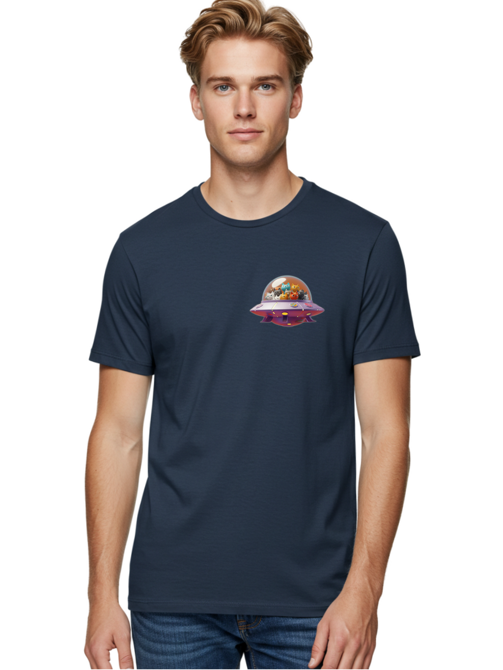 Ufo-With-Cats Men'S Graphic Tee, 100% Cotton, Comfortable Casual Summer Wear, Machine Washable, Ufo, Flying Saucer, Cartoon Style, Teddy Bears, Soft Toys, Purple Spaceship, Colorful, Adorable, Whimsical, Playful, Digital Art, Illustration, Bac537
