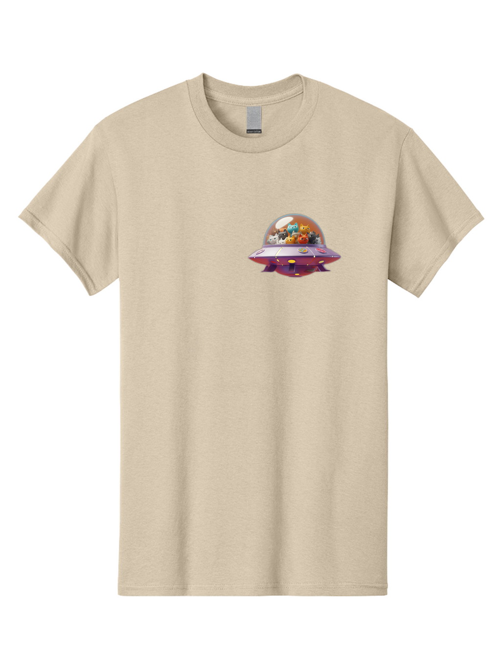 Ufo-With-Cats Men'S Graphic Tee, 100% Cotton, Comfortable Casual Summer Wear, Machine Washable, Ufo, Flying Saucer, Cartoon Style, Teddy Bears, Soft Toys, Purple Spaceship, Colorful, Adorable, Whimsical, Playful, Digital Art, Illustration, Bac537