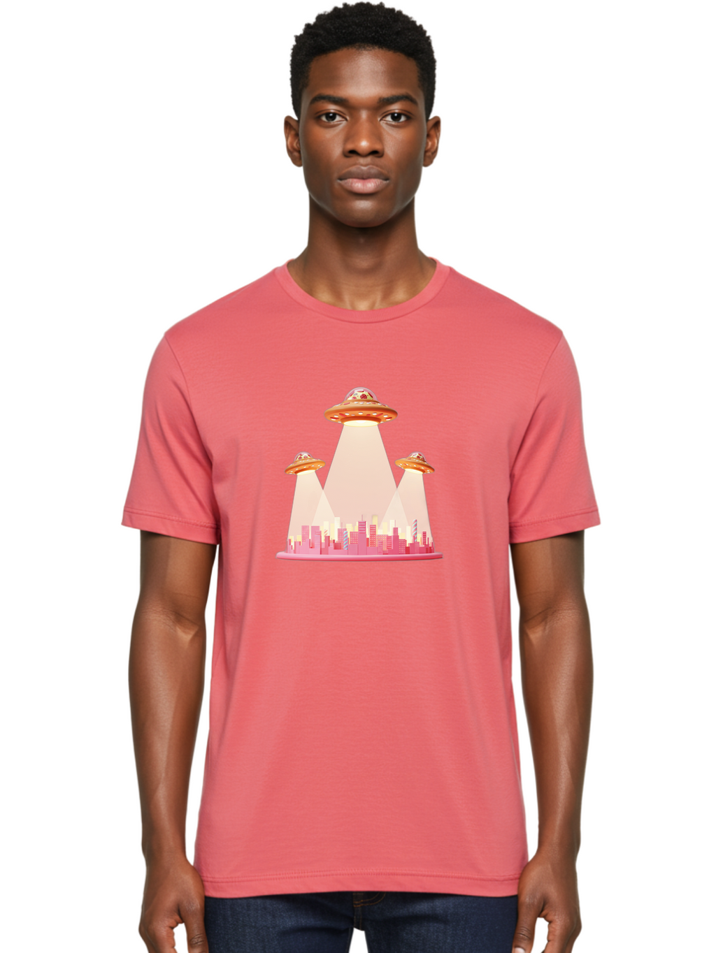 Ufos-1 Men'S Graphic Tee, 100% Cotton, Comfortable Casual Summer Wear, Machine Washable, Ufos Hovering Over City, Alien Invasion, Science Fiction, Futuristic Landscape, Urban Scenery, Extraterrestrial Life, Flying Saucers, Cityscape, Bac538