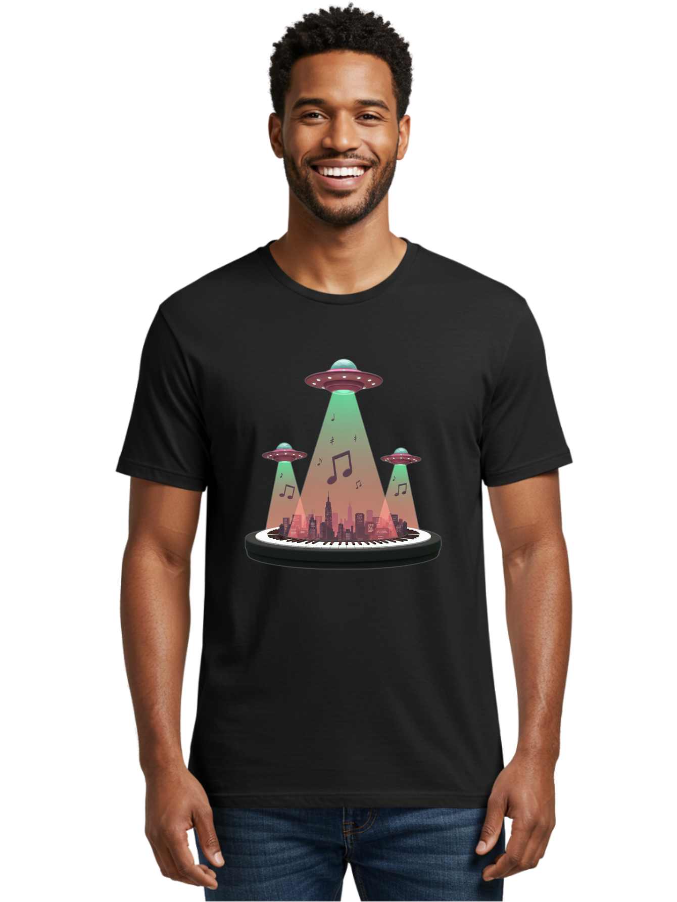 Ufos-Over-City-2 Men'S Graphic Tee, 100% Cotton, Comfortable Casual Summer Wear, Machine Washable, Ufos Hovering Over City, Music Notes, Piano Keyboard, Science Fiction, Futuristic Atmosphere, Extraterrestrial Life, Urban Landscape, Bac540