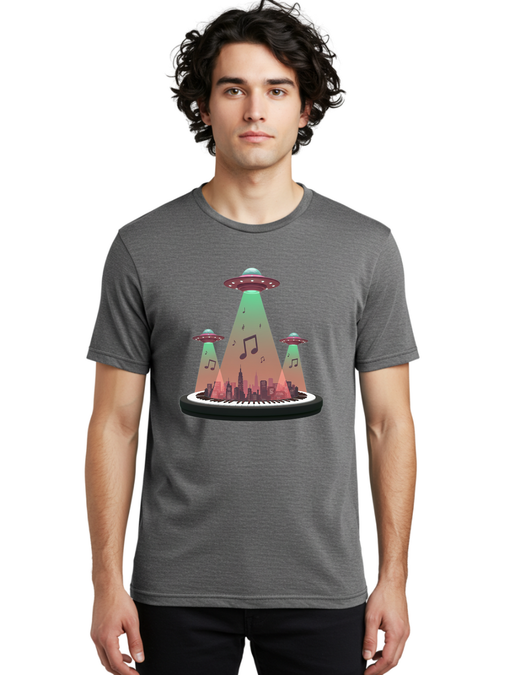 Ufos-Over-City-2 Men'S Graphic Tee, 100% Cotton, Comfortable Casual Summer Wear, Machine Washable, Ufos Hovering Over City, Music Notes, Piano Keyboard, Science Fiction, Futuristic Atmosphere, Extraterrestrial Life, Urban Landscape, Bac540