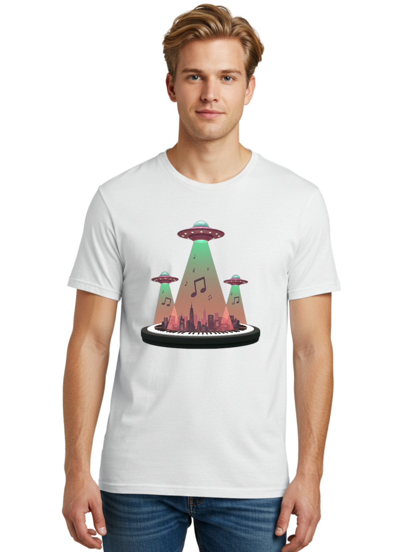 Ufos-Over-City-2 Men'S Graphic Tee, 100% Cotton, Comfortable Casual Summer Wear, Machine Washable, Ufos Hovering Over City, Music Notes, Piano Keyboard, Science Fiction, Futuristic Atmosphere, Extraterrestrial Life, Urban Landscape, Bac540