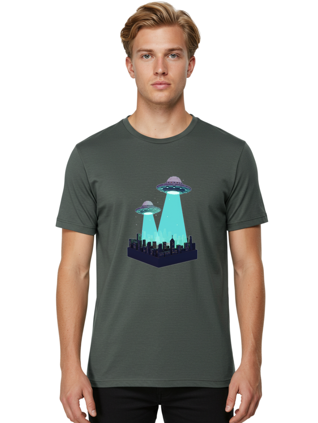 Ufos-Over-City Men'S Graphic Tee, 100% Cotton, Comfortable Casual Summer Wear, Machine Washable, Ufos Over City, Alien Invasion, Science Fiction, Futuristic, Cityscape, Mysterious Lights, Extraterrestrial Activity, Urban Landscape, Bac541