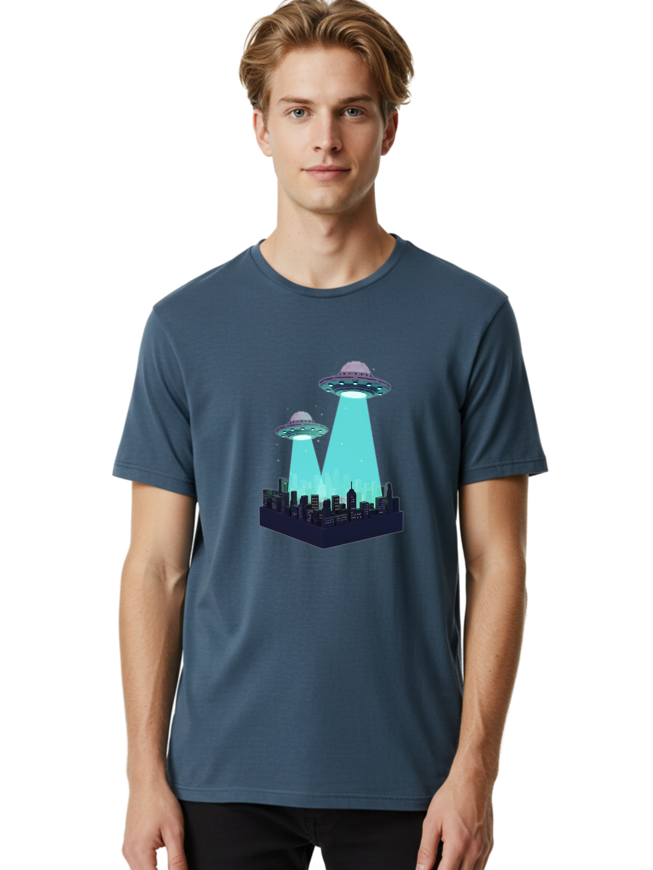 Ufos-Over-City Men'S Graphic Tee, 100% Cotton, Comfortable Casual Summer Wear, Machine Washable, Ufos Over City, Alien Invasion, Science Fiction, Futuristic, Cityscape, Mysterious Lights, Extraterrestrial Activity, Urban Landscape, Bac541