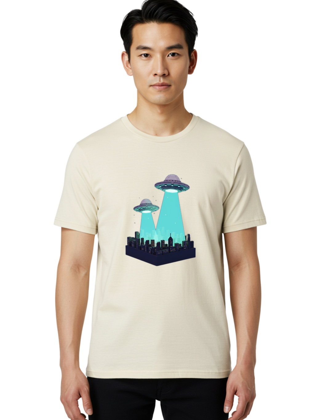 Ufos-Over-City Men'S Graphic Tee, 100% Cotton, Comfortable Casual Summer Wear, Machine Washable, Ufos Over City, Alien Invasion, Science Fiction, Futuristic, Cityscape, Mysterious Lights, Extraterrestrial Activity, Urban Landscape, Bac541