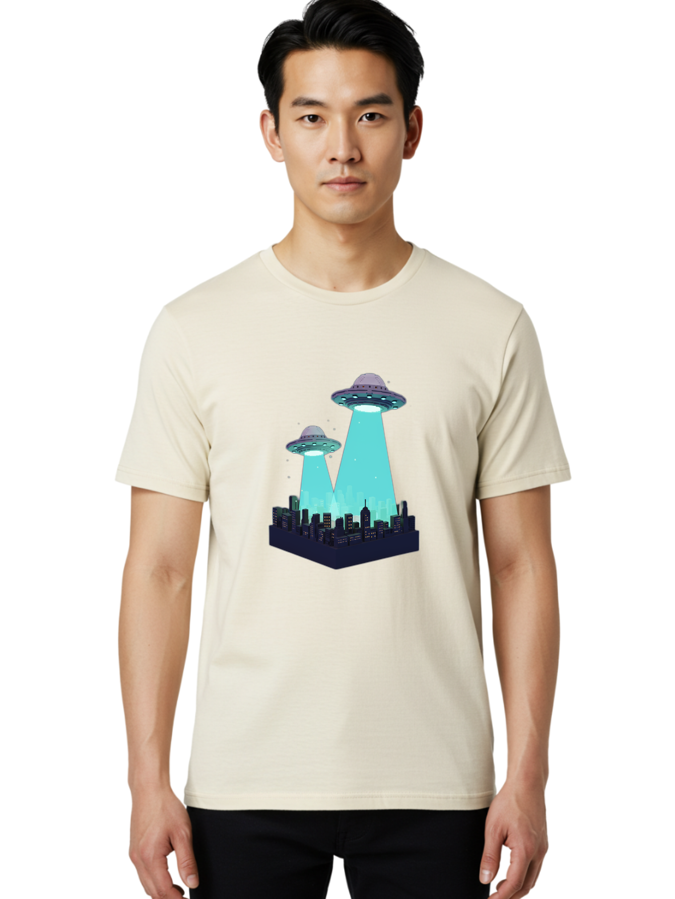 Ufos-Over-City Men'S Graphic Tee, 100% Cotton, Comfortable Casual Summer Wear, Machine Washable, Ufos Over City, Alien Invasion, Science Fiction, Futuristic, Cityscape, Mysterious Lights, Extraterrestrial Activity, Urban Landscape, Bac541