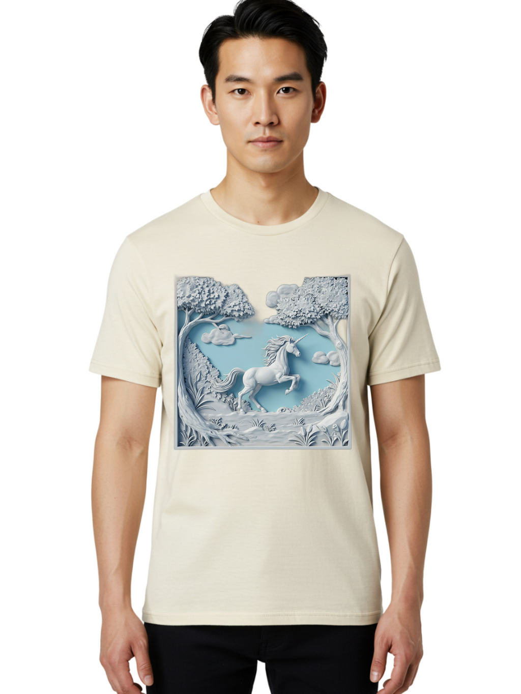 Unicorn Men'S Graphic Tee, 100% Cotton, Comfortable Casual Summer Wear, Machine Washable, Unicorn Running, Mythical Creatures, 3D Art, Fantasy Animals, Magical Realism, White Unicorn, Serene Landscape, Trees, Clouds, Whimsical Scene, Bac543