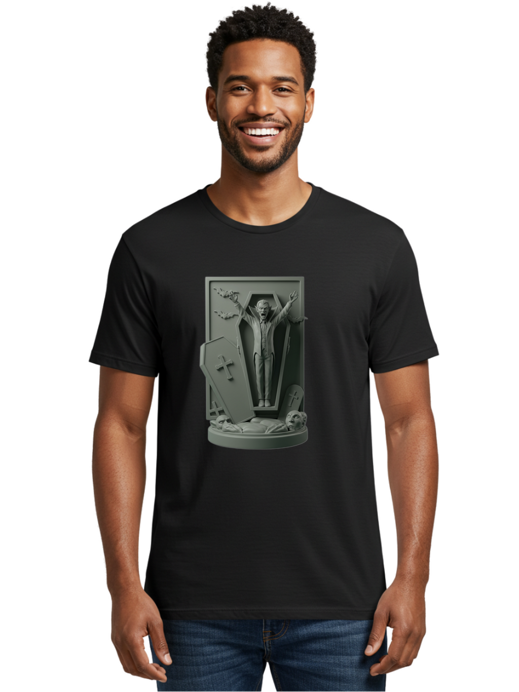 Vampire-Rising Men'S Graphic Tee, 100% Cotton, Comfortable Casual Summer Wear, Machine Washable, Vampire Rising From Coffin, Undead Creature, Horror Theme, Spooky Atmosphere, Bats Flying, Cross Symbol, Undead Rising, Gothic Style, Bac544