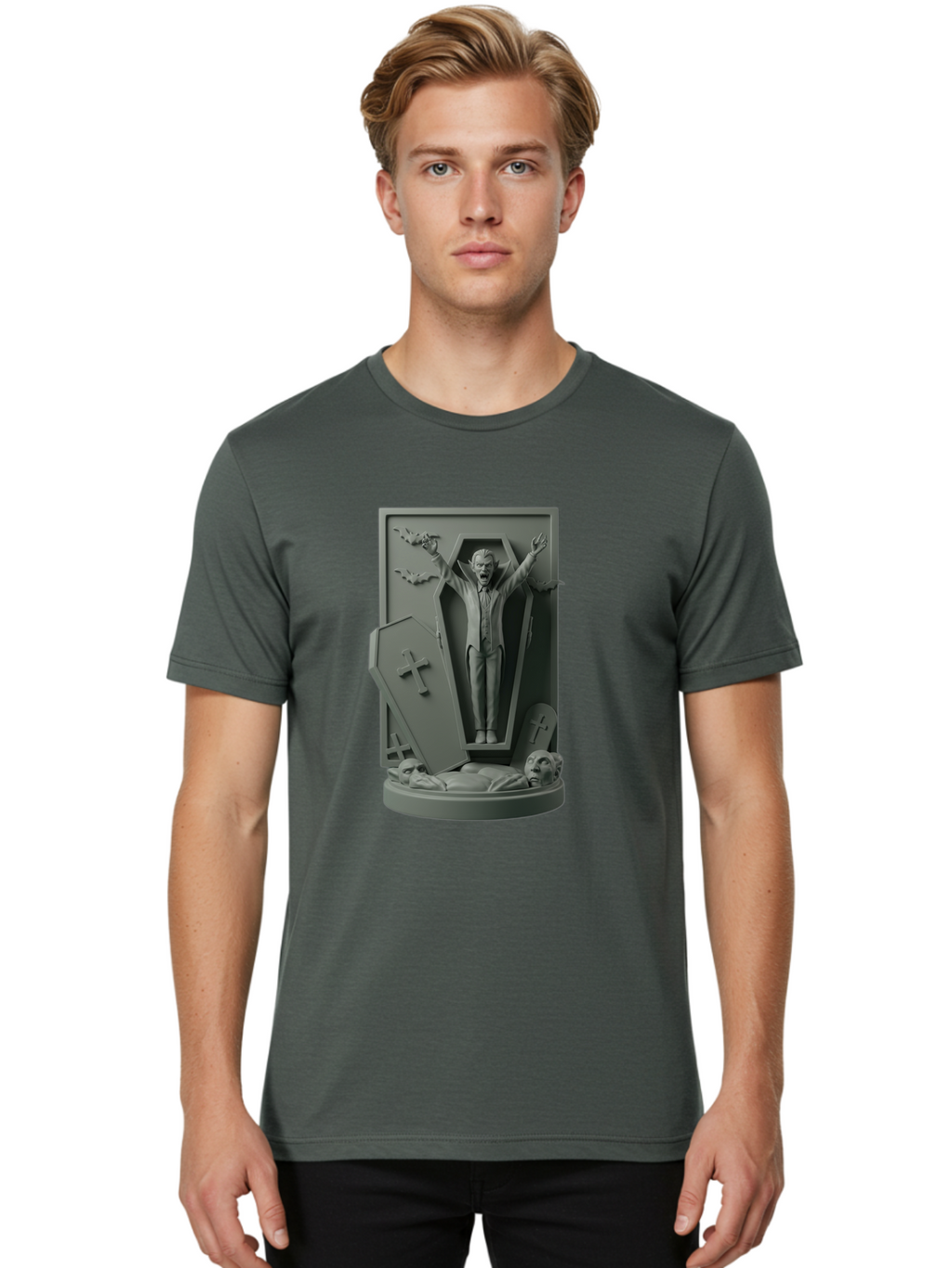 Vampire-Rising Men'S Graphic Tee, 100% Cotton, Comfortable Casual Summer Wear, Machine Washable, Vampire Rising From Coffin, Undead Creature, Horror Theme, Spooky Atmosphere, Bats Flying, Cross Symbol, Undead Rising, Gothic Style, Bac544