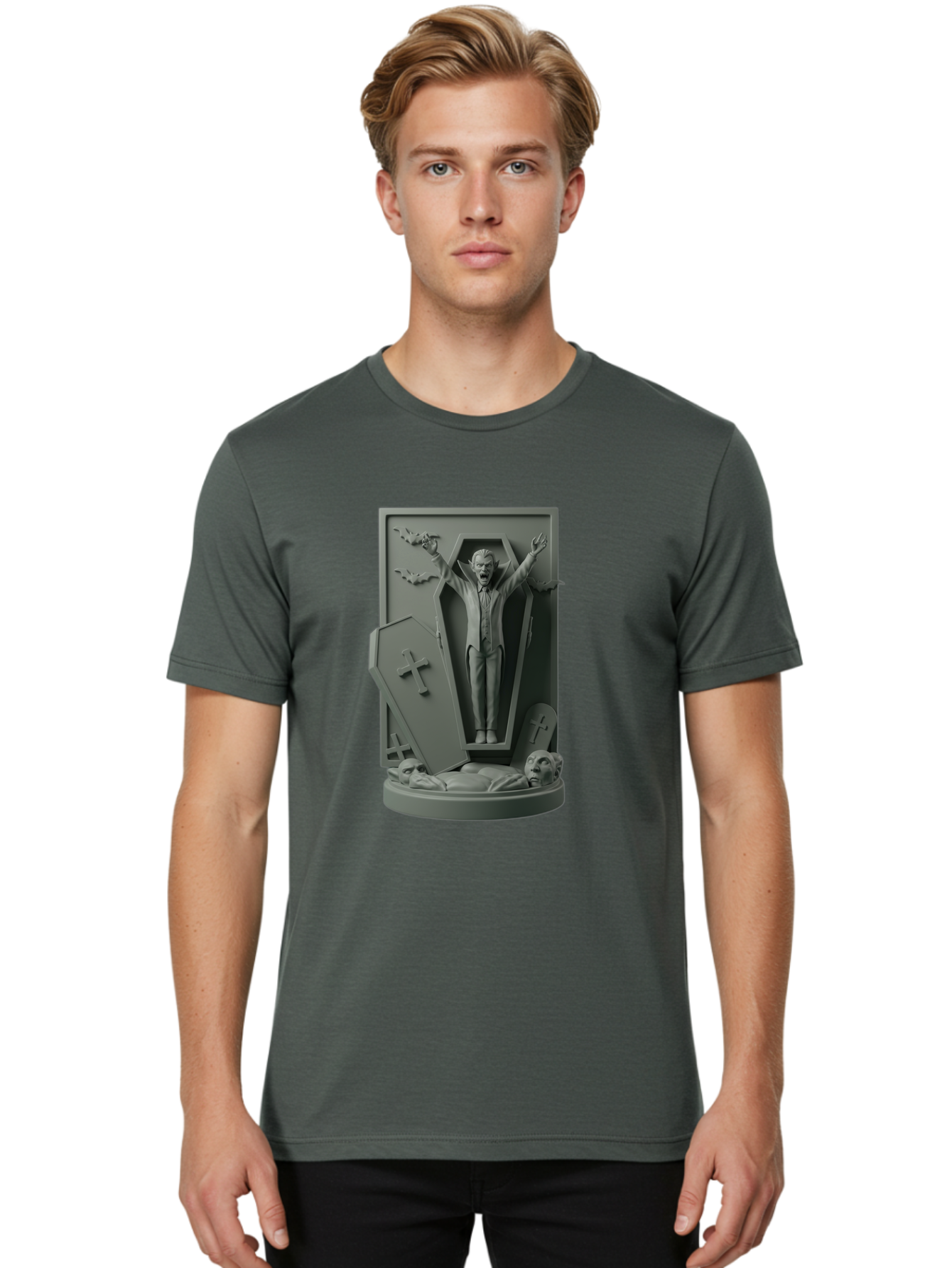 Vampire-Rising Men'S Graphic Tee, 100% Cotton, Comfortable Casual Summer Wear, Machine Washable, Vampire Rising From Coffin, Undead Creature, Horror Theme, Spooky Atmosphere, Bats Flying, Cross Symbol, Undead Rising, Gothic Style, Bac544