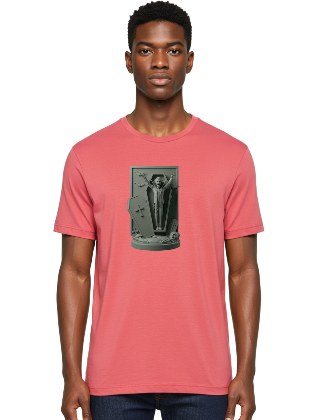 Vampire-Rising Men'S Graphic Tee, 100% Cotton, Comfortable Casual Summer Wear, Machine Washable, Vampire Rising From Coffin, Undead Creature, Horror Theme, Spooky Atmosphere, Bats Flying, Cross Symbol, Undead Rising, Gothic Style, Bac544