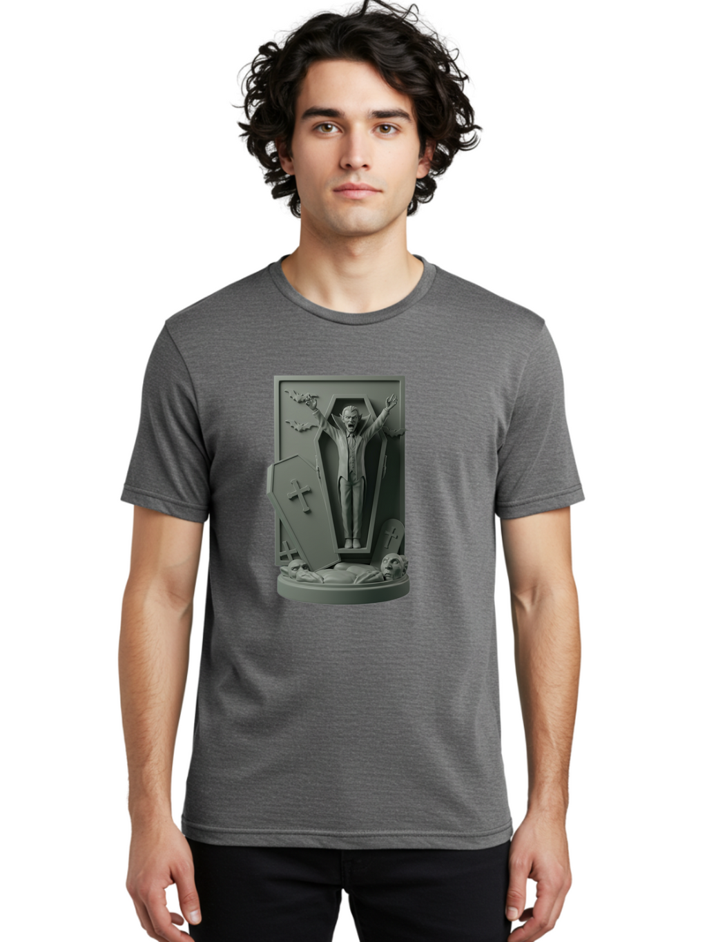 Vampire-Rising Men'S Graphic Tee, 100% Cotton, Comfortable Casual Summer Wear, Machine Washable, Vampire Rising From Coffin, Undead Creature, Horror Theme, Spooky Atmosphere, Bats Flying, Cross Symbol, Undead Rising, Gothic Style, Bac544