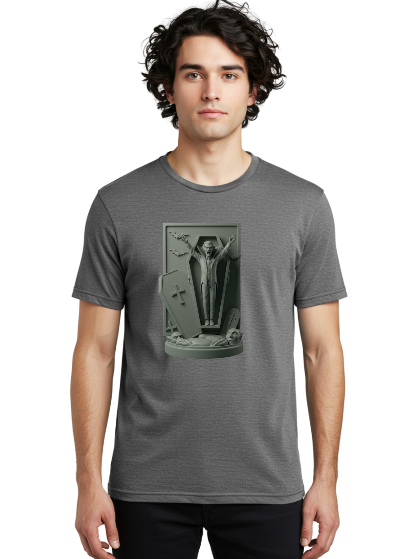 Vampire-Rising Men'S Graphic Tee, 100% Cotton, Comfortable Casual Summer Wear, Machine Washable, Vampire Rising From Coffin, Undead Creature, Horror Theme, Spooky Atmosphere, Bats Flying, Cross Symbol, Undead Rising, Gothic Style, Bac544