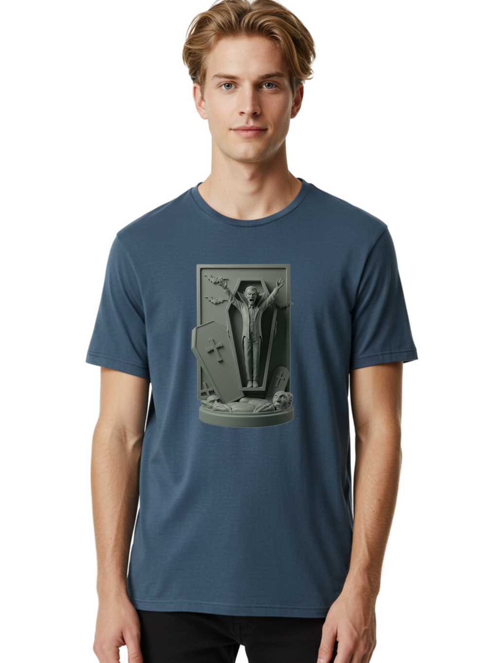 Vampire-Rising Men'S Graphic Tee, 100% Cotton, Comfortable Casual Summer Wear, Machine Washable, Vampire Rising From Coffin, Undead Creature, Horror Theme, Spooky Atmosphere, Bats Flying, Cross Symbol, Undead Rising, Gothic Style, Bac544
