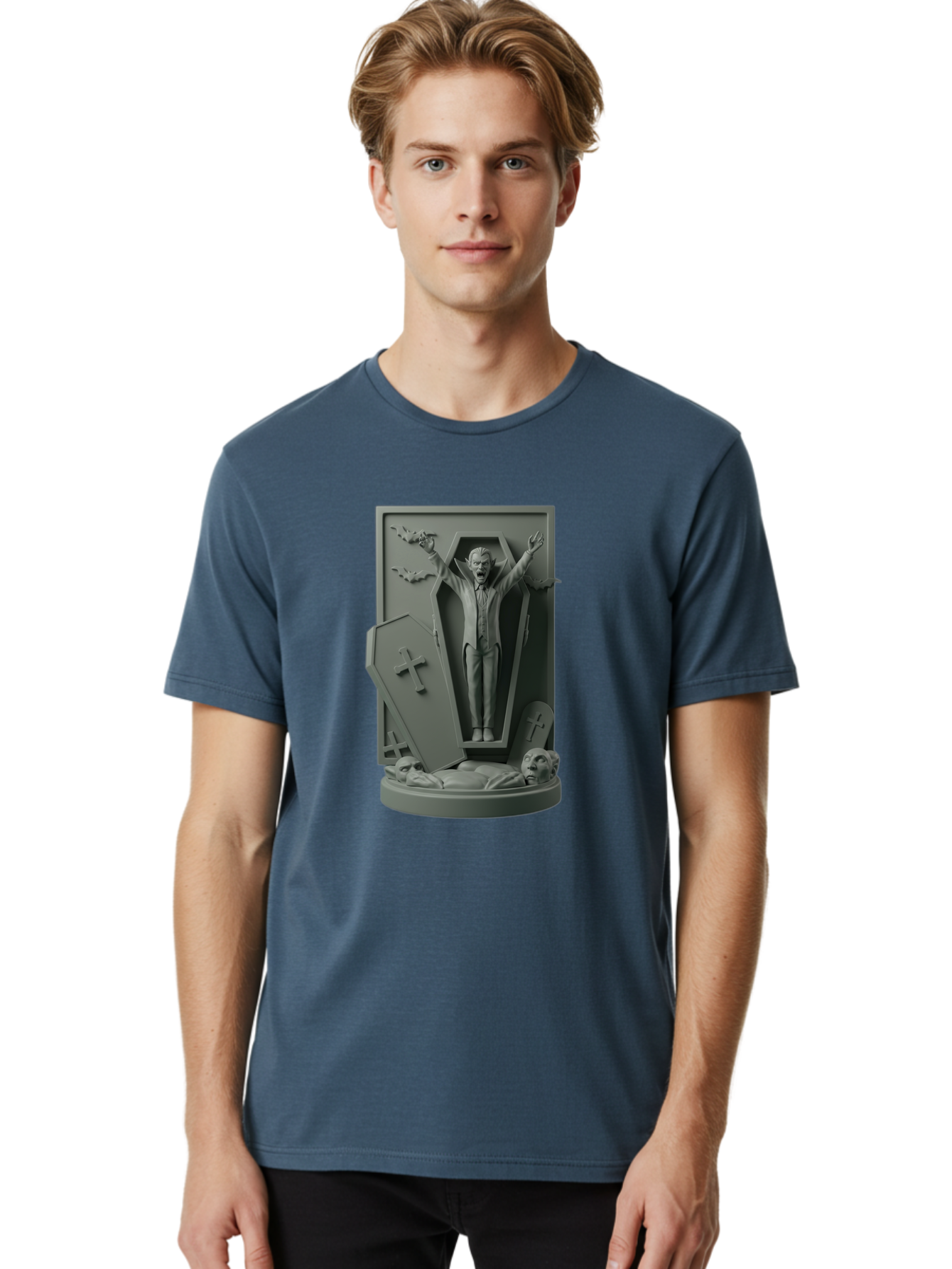 Vampire-Rising Men'S Graphic Tee, 100% Cotton, Comfortable Casual Summer Wear, Machine Washable, Vampire Rising From Coffin, Undead Creature, Horror Theme, Spooky Atmosphere, Bats Flying, Cross Symbol, Undead Rising, Gothic Style, Bac544