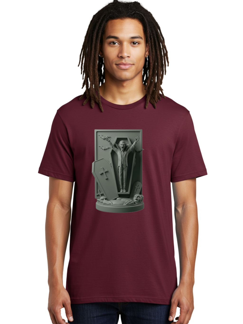 Vampire-Rising Men'S Graphic Tee, 100% Cotton, Comfortable Casual Summer Wear, Machine Washable, Vampire Rising From Coffin, Undead Creature, Horror Theme, Spooky Atmosphere, Bats Flying, Cross Symbol, Undead Rising, Gothic Style, Bac544