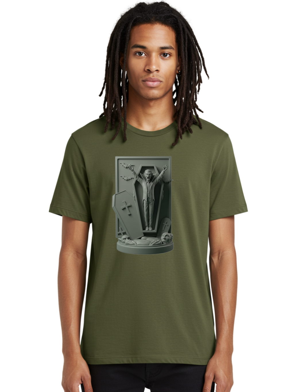 Vampire-Rising Men'S Graphic Tee, 100% Cotton, Comfortable Casual Summer Wear, Machine Washable, Vampire Rising From Coffin, Undead Creature, Horror Theme, Spooky Atmosphere, Bats Flying, Cross Symbol, Undead Rising, Gothic Style, Bac544