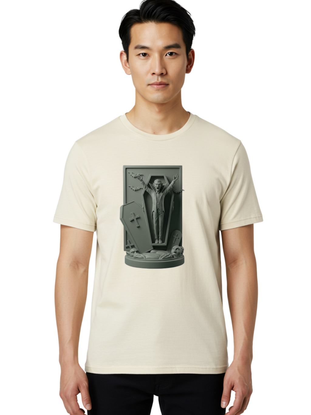 Vampire-Rising Men'S Graphic Tee, 100% Cotton, Comfortable Casual Summer Wear, Machine Washable, Vampire Rising From Coffin, Undead Creature, Horror Theme, Spooky Atmosphere, Bats Flying, Cross Symbol, Undead Rising, Gothic Style, Bac544