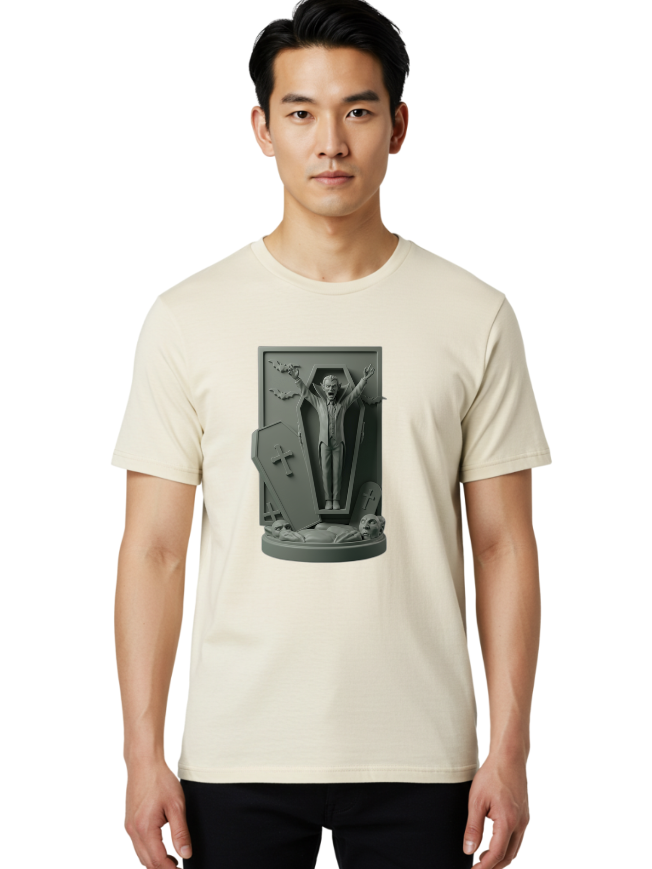 Vampire-Rising Men'S Graphic Tee, 100% Cotton, Comfortable Casual Summer Wear, Machine Washable, Vampire Rising From Coffin, Undead Creature, Horror Theme, Spooky Atmosphere, Bats Flying, Cross Symbol, Undead Rising, Gothic Style, Bac544