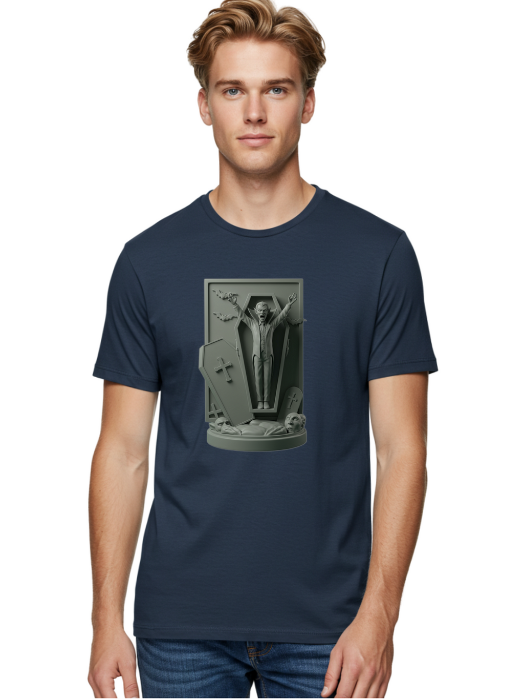 Vampire-Rising Men'S Graphic Tee, 100% Cotton, Comfortable Casual Summer Wear, Machine Washable, Vampire Rising From Coffin, Undead Creature, Horror Theme, Spooky Atmosphere, Bats Flying, Cross Symbol, Undead Rising, Gothic Style, Bac544