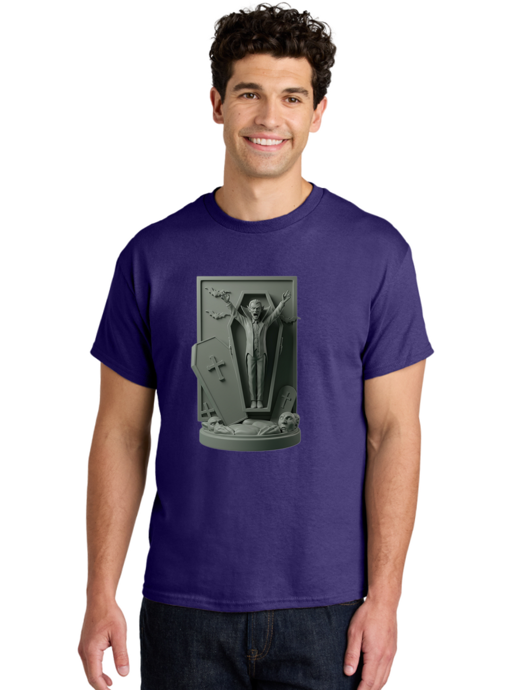 Vampire-Rising Men'S Graphic Tee, 100% Cotton, Comfortable Casual Summer Wear, Machine Washable, Vampire Rising From Coffin, Undead Creature, Horror Theme, Spooky Atmosphere, Bats Flying, Cross Symbol, Undead Rising, Gothic Style, Bac544