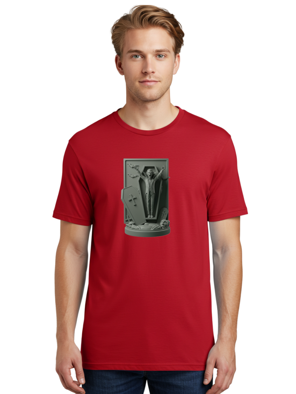Vampire-Rising Men'S Graphic Tee, 100% Cotton, Comfortable Casual Summer Wear, Machine Washable, Vampire Rising From Coffin, Undead Creature, Horror Theme, Spooky Atmosphere, Bats Flying, Cross Symbol, Undead Rising, Gothic Style, Bac544