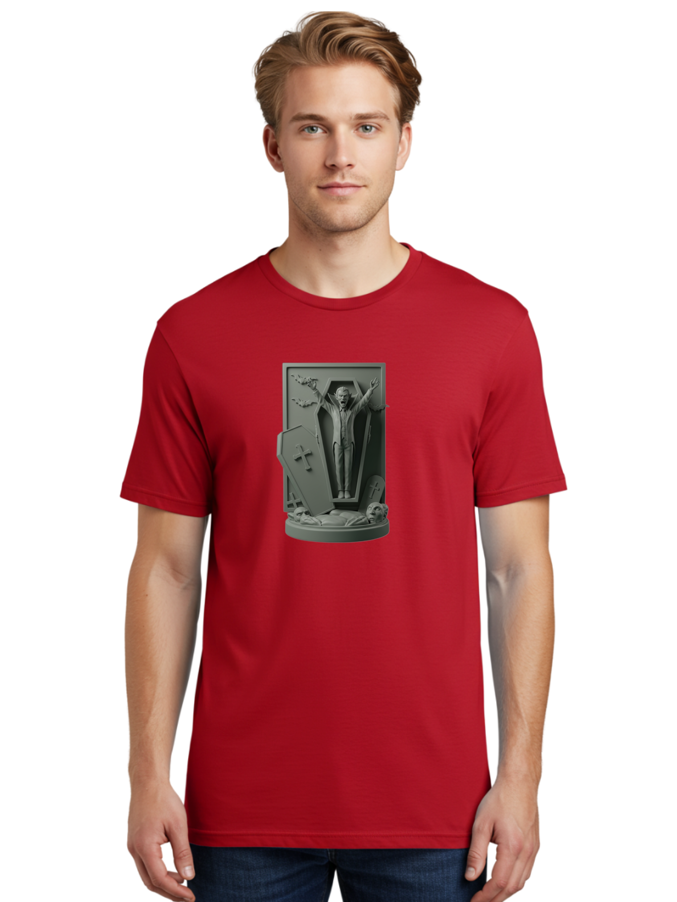 Vampire-Rising Men'S Graphic Tee, 100% Cotton, Comfortable Casual Summer Wear, Machine Washable, Vampire Rising From Coffin, Undead Creature, Horror Theme, Spooky Atmosphere, Bats Flying, Cross Symbol, Undead Rising, Gothic Style, Bac544