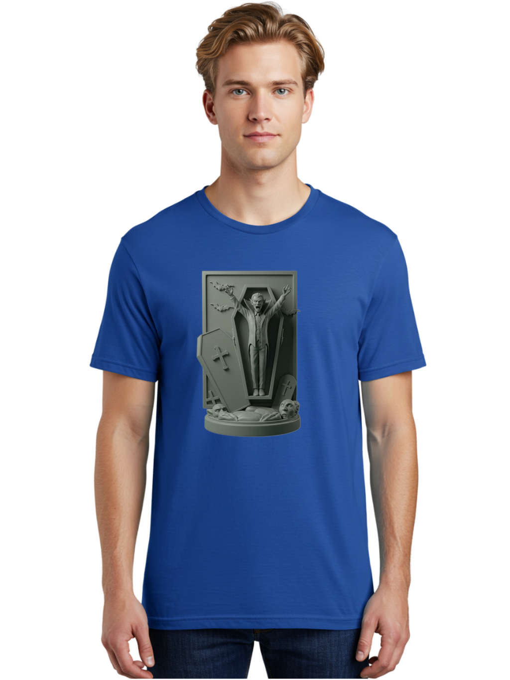 Vampire-Rising Men'S Graphic Tee, 100% Cotton, Comfortable Casual Summer Wear, Machine Washable, Vampire Rising From Coffin, Undead Creature, Horror Theme, Spooky Atmosphere, Bats Flying, Cross Symbol, Undead Rising, Gothic Style, Bac544