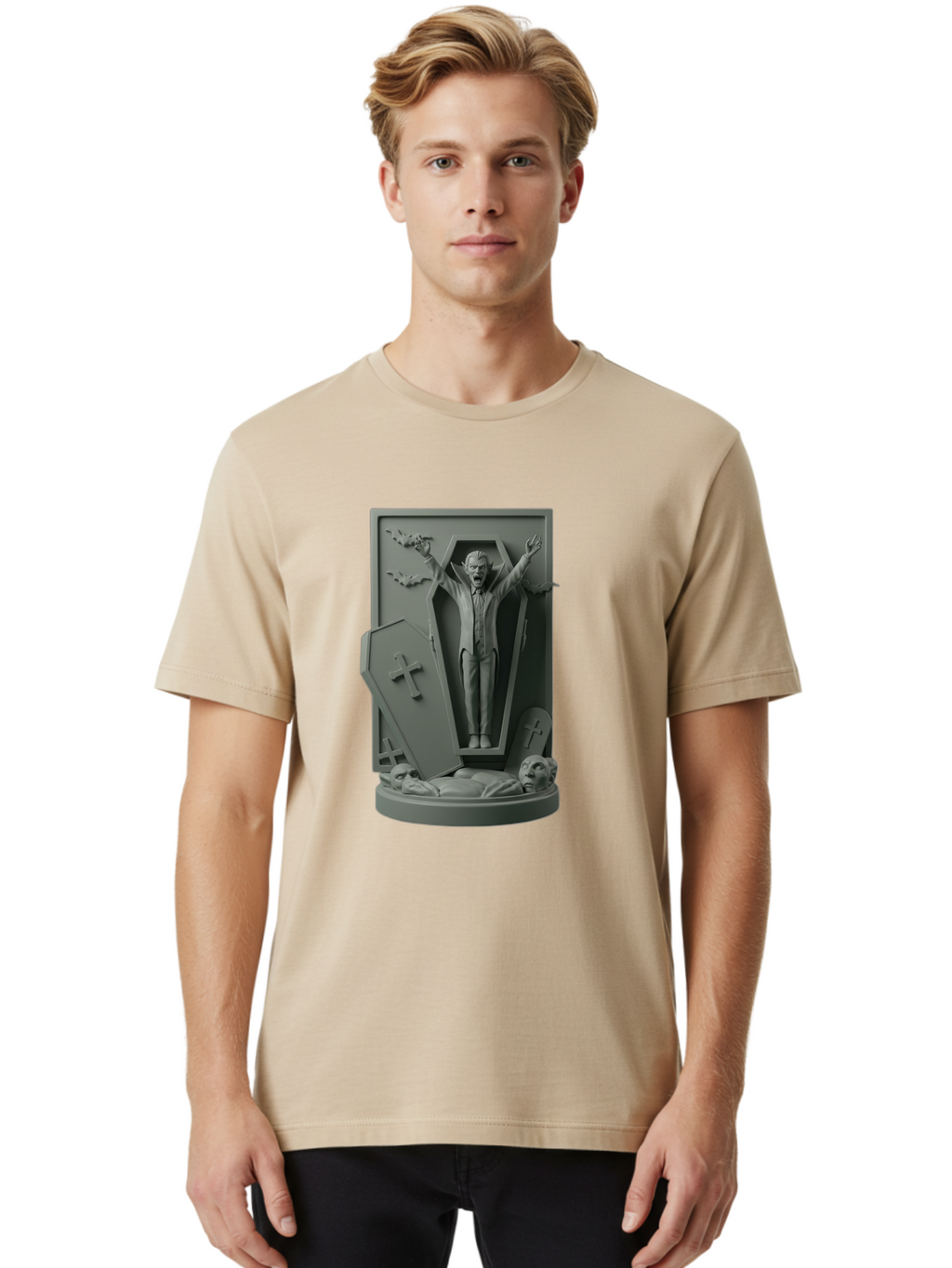 Vampire-Rising Men'S Graphic Tee, 100% Cotton, Comfortable Casual Summer Wear, Machine Washable, Vampire Rising From Coffin, Undead Creature, Horror Theme, Spooky Atmosphere, Bats Flying, Cross Symbol, Undead Rising, Gothic Style, Bac544