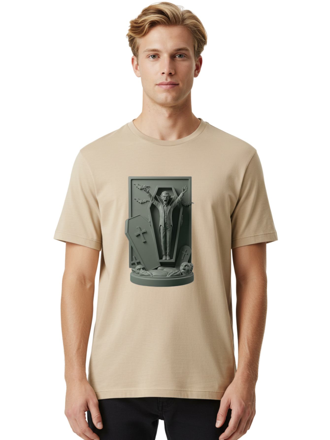 Vampire-Rising Men'S Graphic Tee, 100% Cotton, Comfortable Casual Summer Wear, Machine Washable, Vampire Rising From Coffin, Undead Creature, Horror Theme, Spooky Atmosphere, Bats Flying, Cross Symbol, Undead Rising, Gothic Style, Bac544